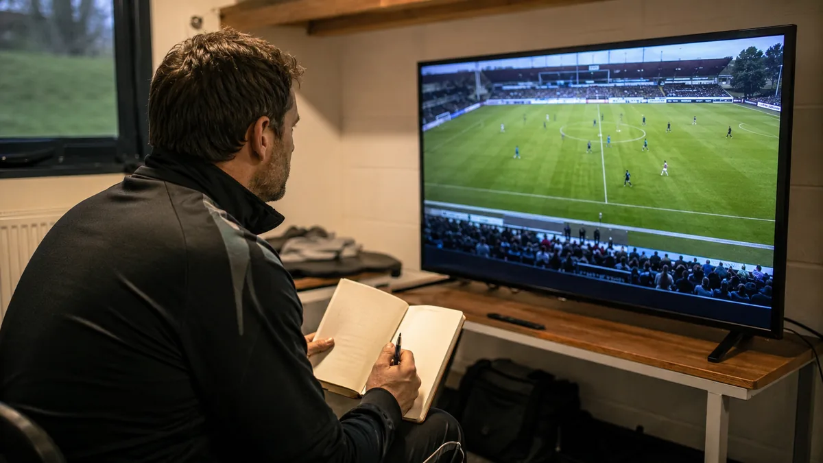 Entraîneur devant un écran affichant un plan large de match, carnet et stylo à la main