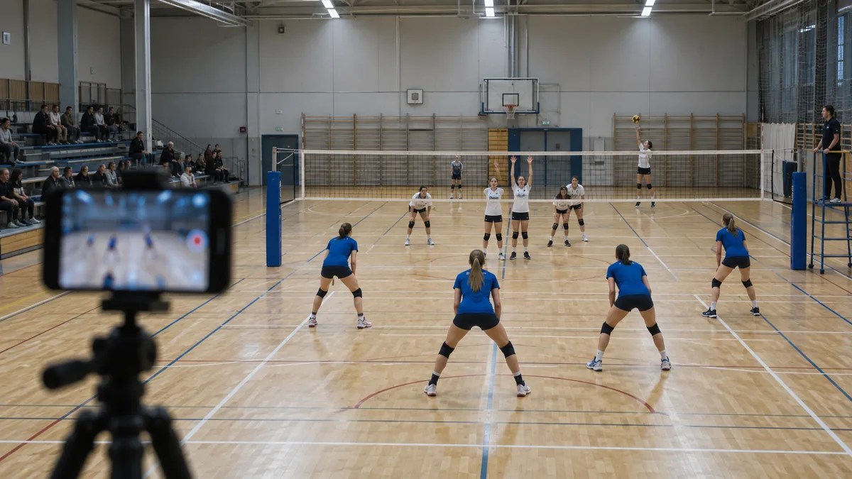Téléphone sur trépied derrière la ligne de fond d'un terrain de volley en salle, équipe en bleu en position de réception, adversaire au service