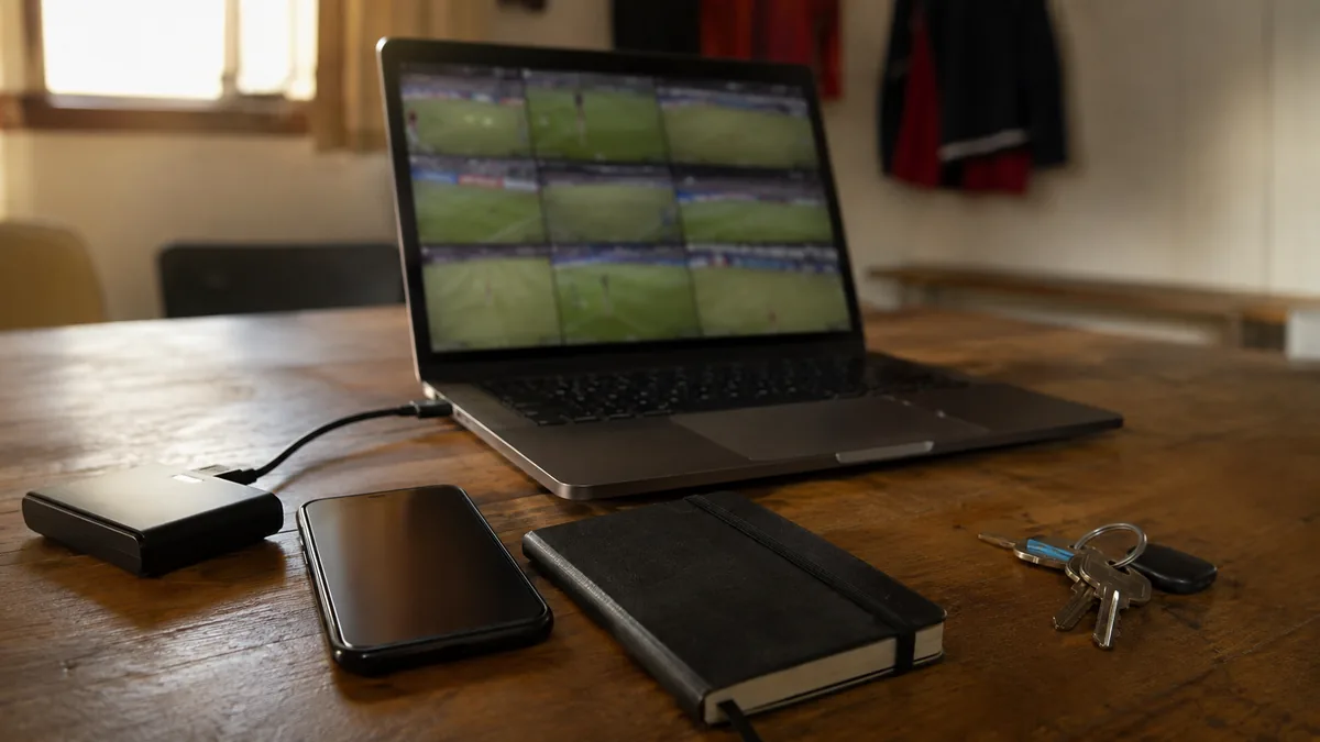 Disque dur externe et téléphone posés sur une table, dossiers de saison à l'écran
