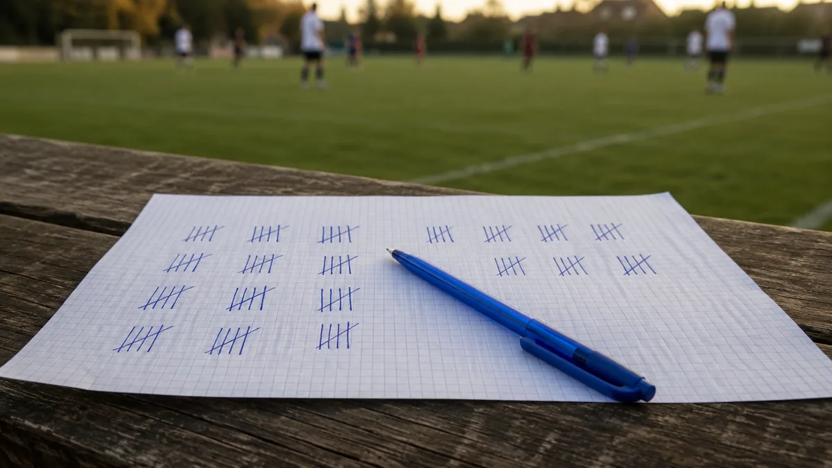 Feuille de match annotée à la main avec des bâtons de comptage, au bord d'un terrain