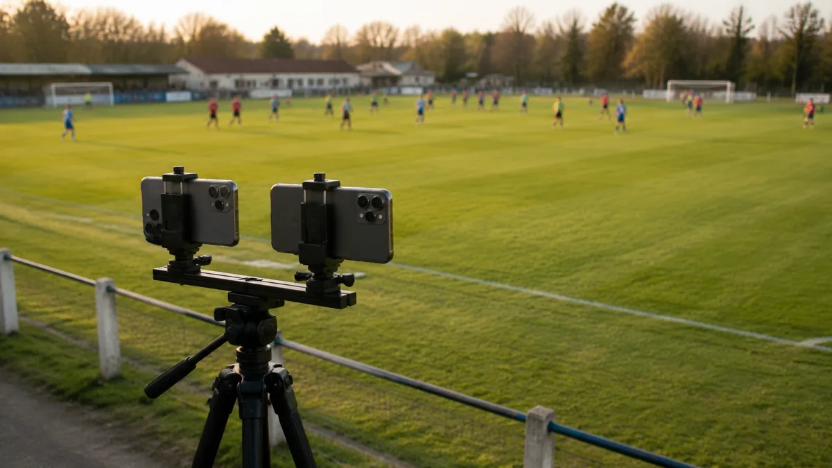 Deux téléphones côte à côte sur un trépied haut au bord d'un terrain de football, le terrain entier en arrière-plan