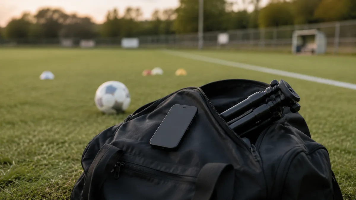 Sac d'équipe contenant un trépied et un téléphone, posé au bord d'un terrain