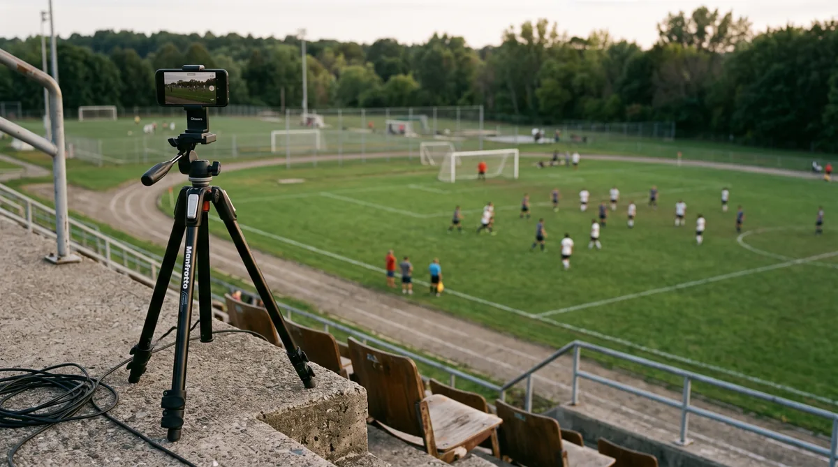 A tripod on a stand overlooking a sports pitch