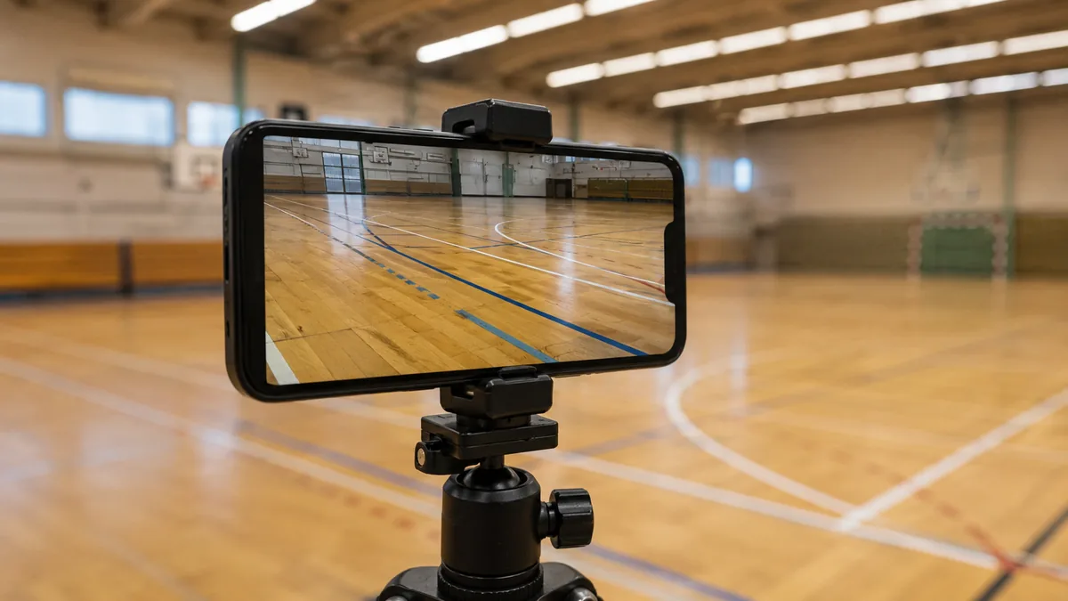 Téléphone sur trépied dans un gymnase, écran de réglages vidéo affiché, éclairage de salle en arrière-plan