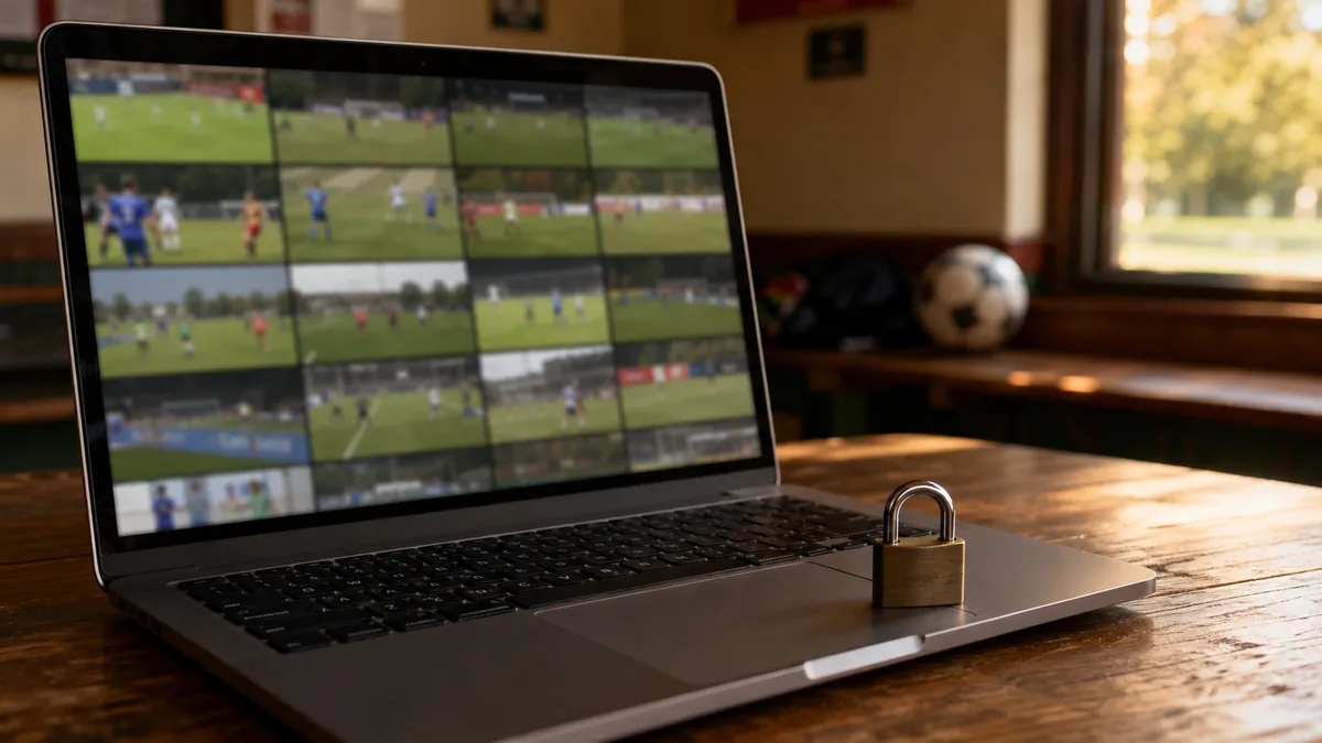 Ordinateur portable sur une table de club affichant une liste de vidéos de matchs, un cadenas posé à côté du clavier