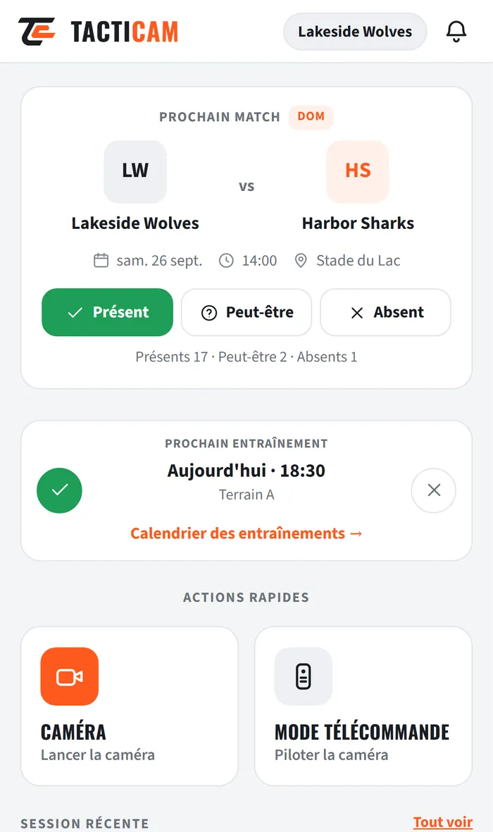La pantalla de inicio de la app: próximo partido, próximo entrenamiento, cámara y mando, últimas sesiones