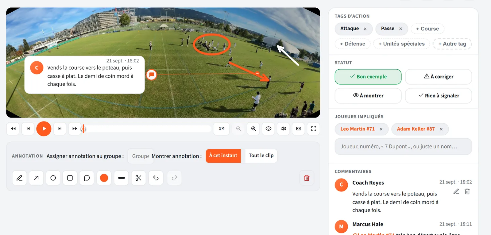 Un clip anotado: círculo, flecha y comentario del entrenador sobre la imagen