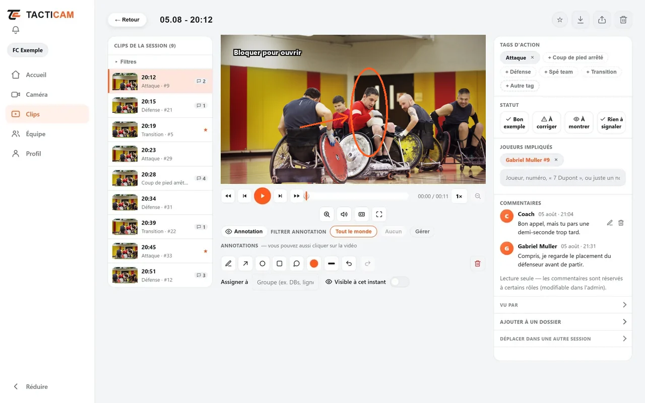 Un clip annoté dans TactiCam, avec les commentaires des joueurs