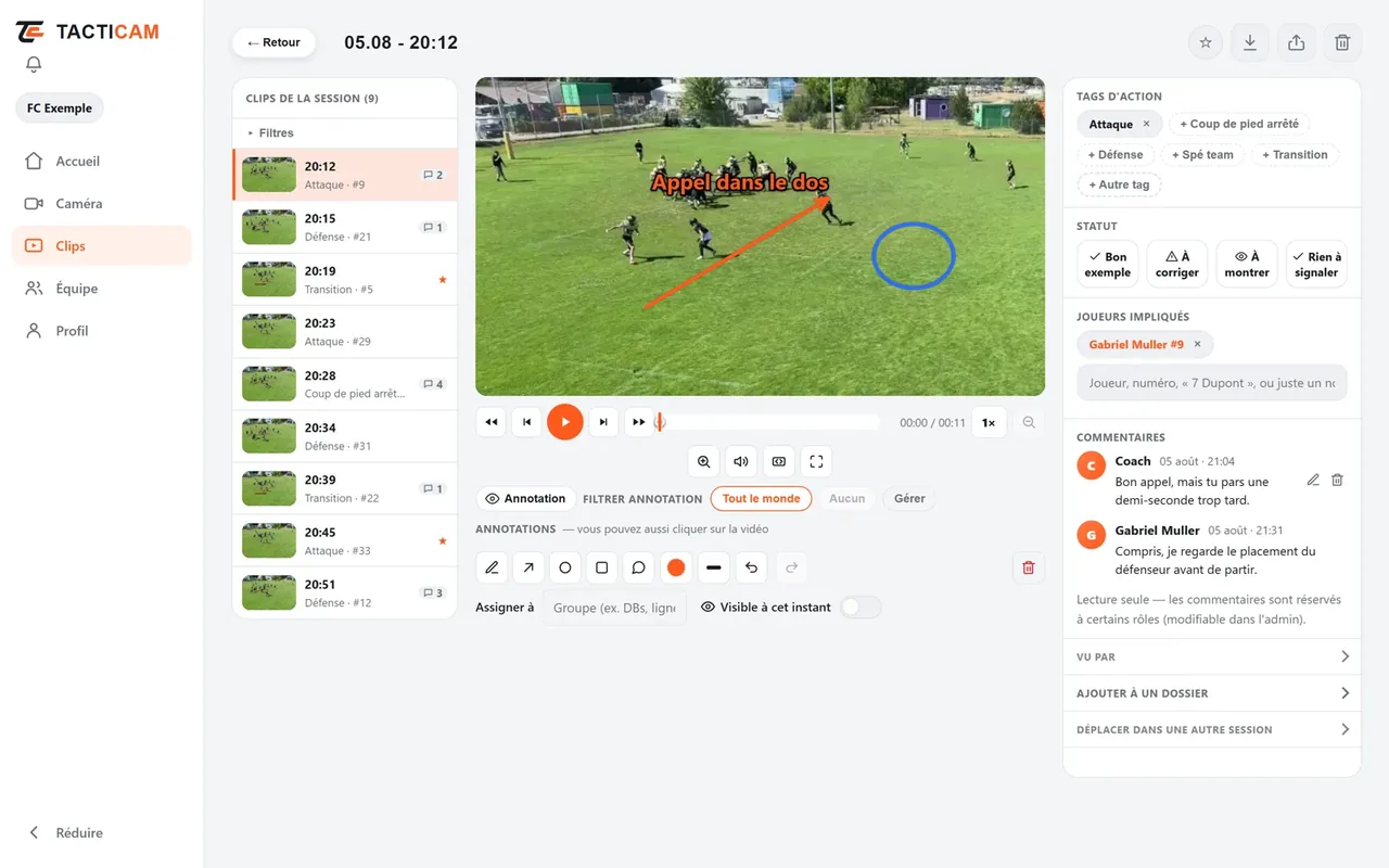 Una clip annotata in TactiCam con i commenti dei giocatori